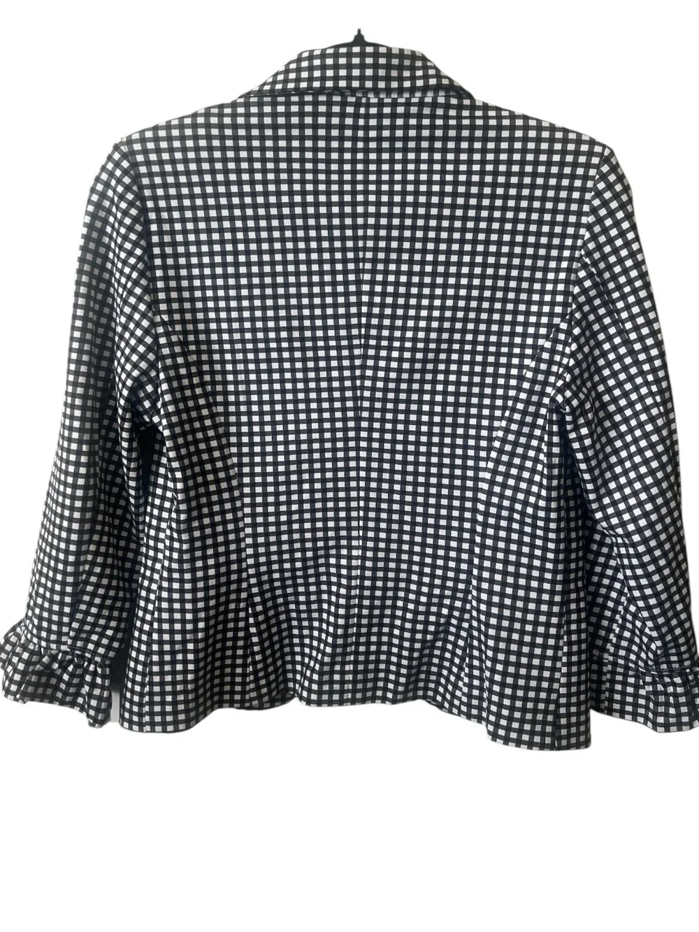 Amanda & Chelsea Gingham Blazer Jacket Black White Ruffle Cuff Stretch NWT 8